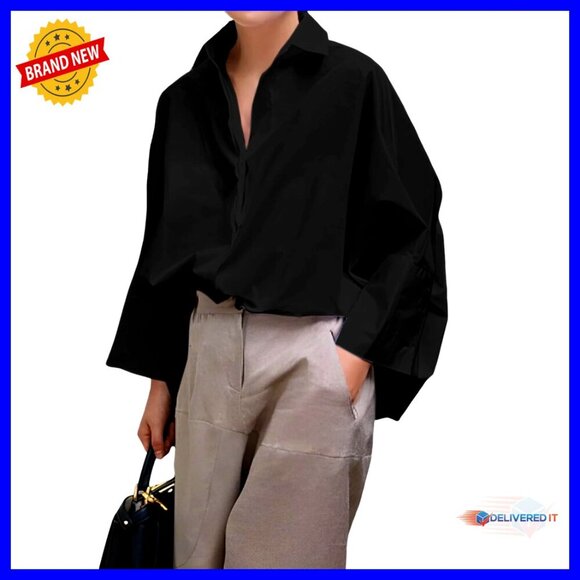 Tops - Women's 3/4 Sleeve Button Down Blouse Loose Fit V-Neck Collared Top